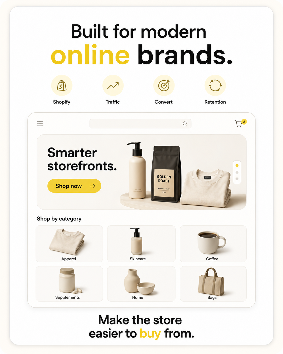 Premium e-commerce storefront interface showing Shopify, traffic, conversion, retention and product categories for online brands